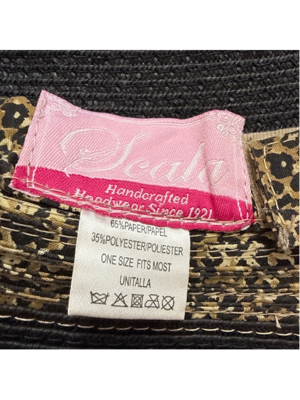 Scala Handcrafted Leopard Print Straw Sun Visor Wide Brim Black One Size - Picture 9 of 9